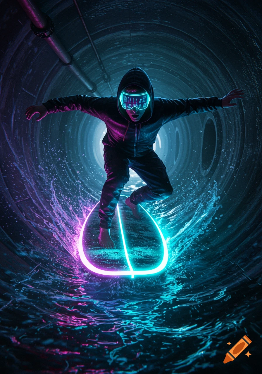 A person in a hoodie and sci-fi visor surfs on a glowing surfboard through a dark, neon-lit sewer tunnel, creating splashes of water.