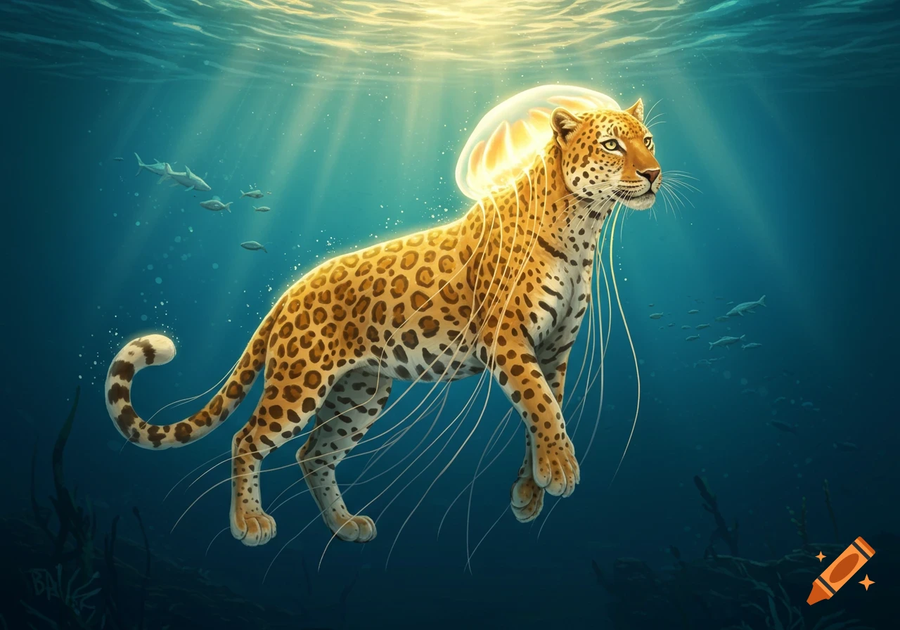 A majestic golden leopard with a glowing jellyfish bell on its head floats gracefully underwater amidst light rays and small fish.