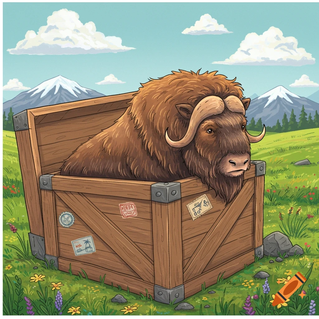 A cartoon musk ox in a wooden crate sits in a green field with flowers, under a blue sky with clouds and snow-capped mountains.