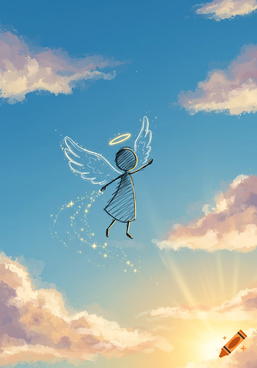 A simple, sketchy stick figure angel with glowing wings and halo floats in a bright blue sky with painterly clouds and sun rays.