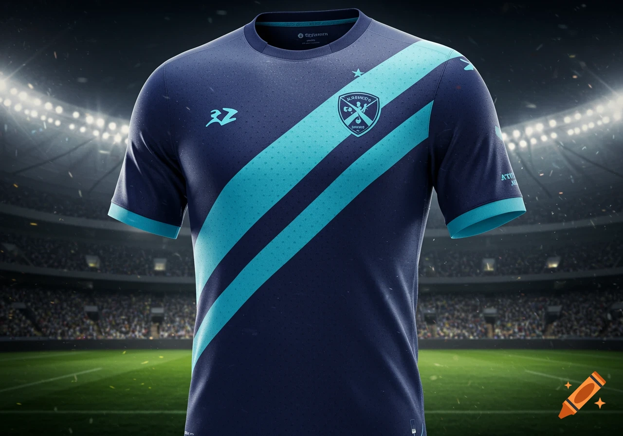 A dark blue soccer jersey with light blue diagonal stripes and a crest on the chest, displayed against a blurred stadium background.