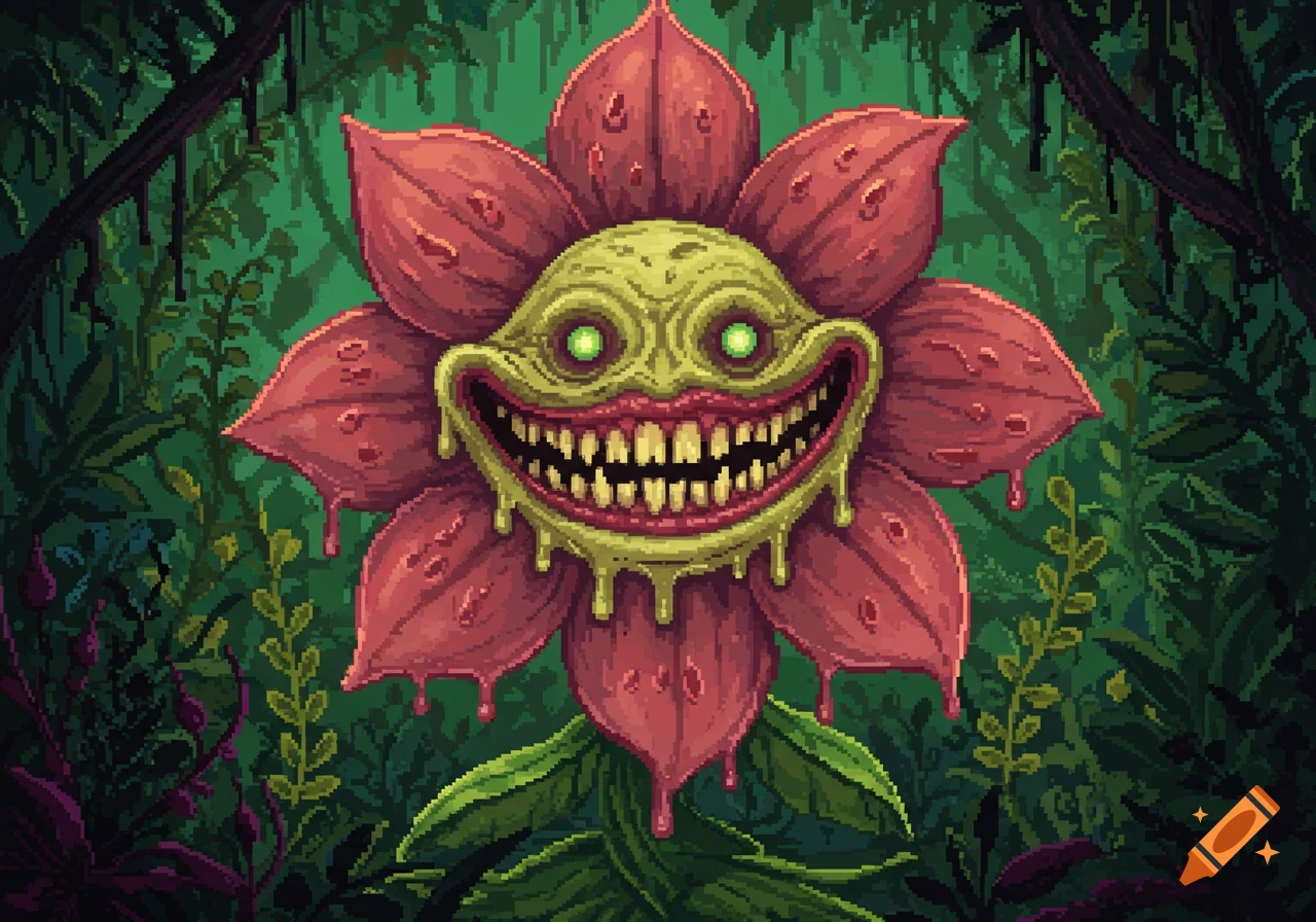 Pixel art of a disturbing, melting flower cryptid with a wide, horrific smile in a dark jungle.