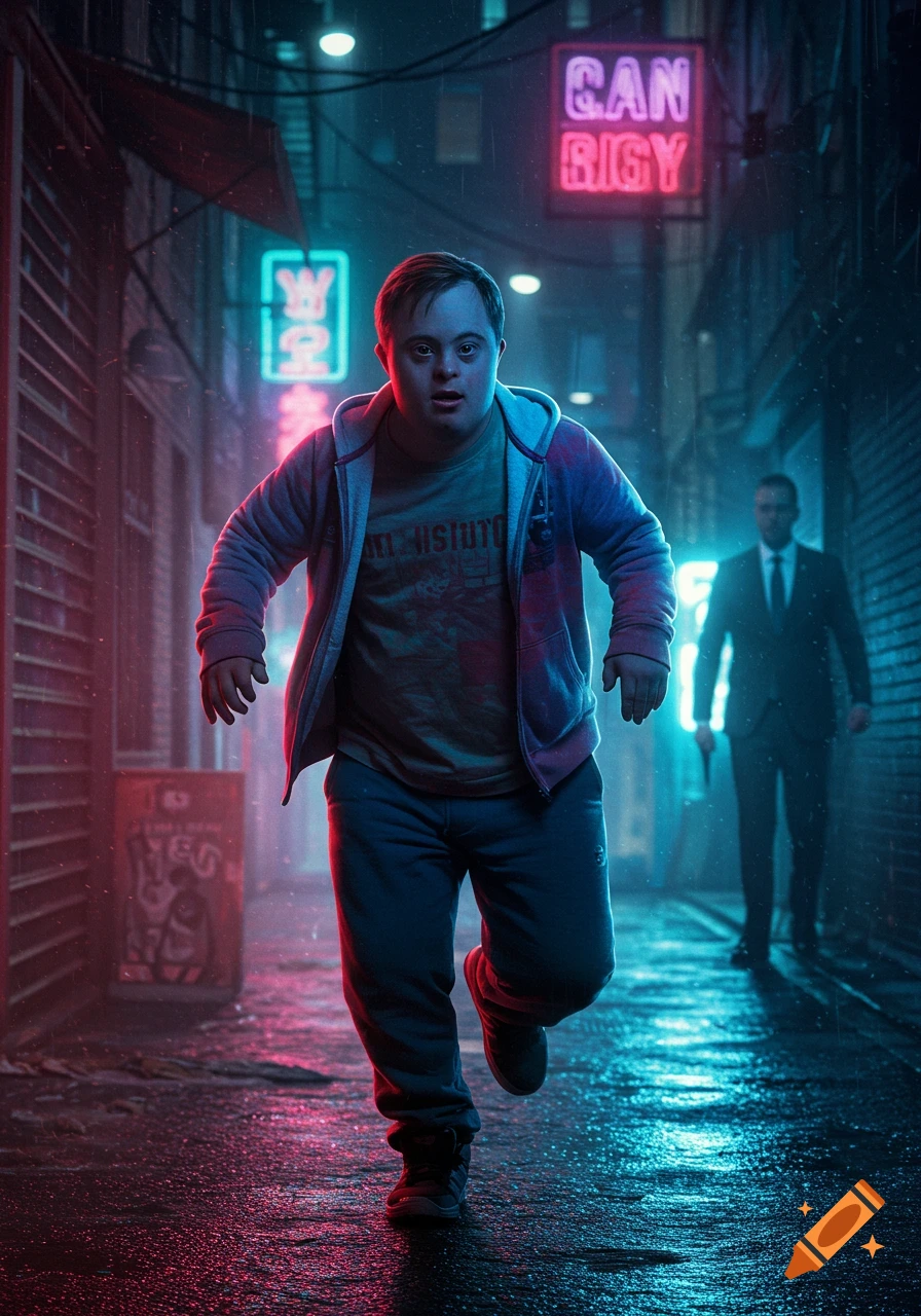 A man with Down syndrome runs through a neon-lit, rainy cyberpunk alley, pursued by another man in a suit.