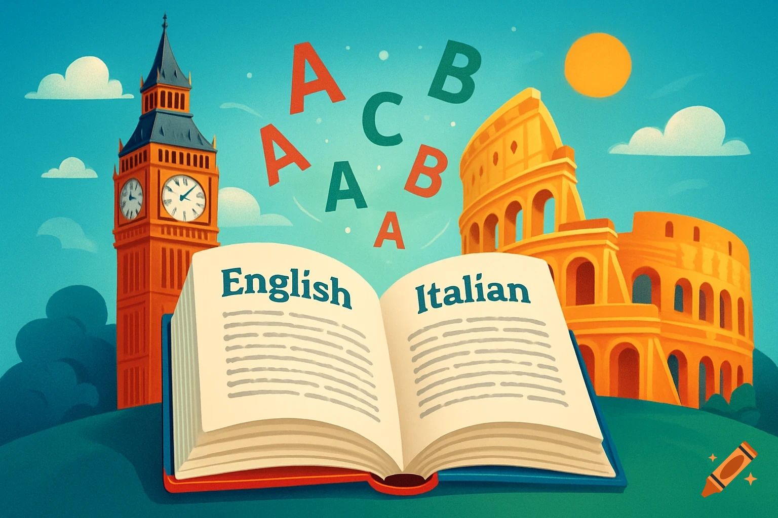 An open book displaying 'English' on one page and 'Italian' on the other, with Big Ben and the Colosseum in the background. Letters A, B, C float in the sky.