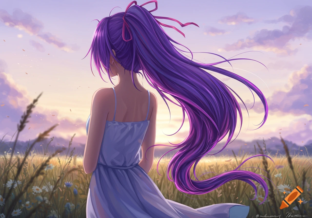 Anime girl with long purple hair in a ponytail, seen from behind, standing in a field at sunset.