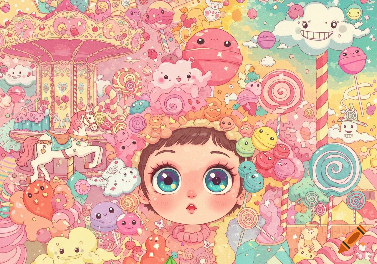 Whimsical, pastel-colored illustration of a child-like figure with large eyes, surrounded by smiling candies, lollipops, and a carousel.