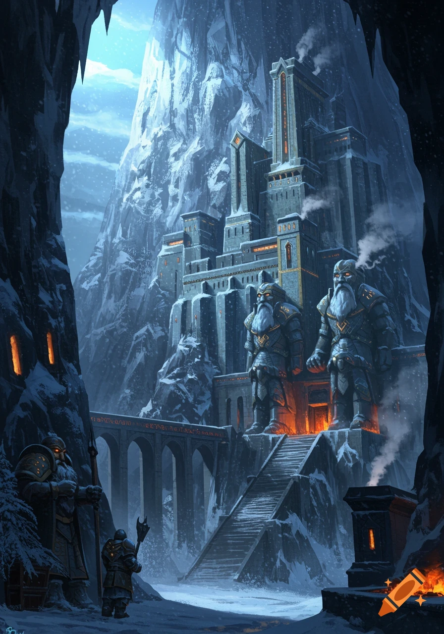 A grand dwarven kingdom carved into a massive snowy mountain, with large dwarven statues and a bridge leading to its entrance.