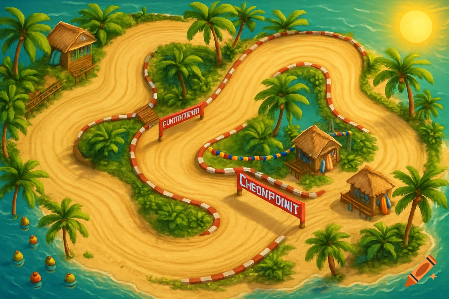 Overhead view of a cartoon beach race track on a tropical island with sandy paths, palm trees, huts, and blue ocean.
