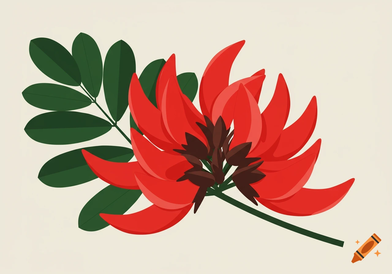 Flat illustration of a red Erythrina Crista Galli flower with green leaves on a light background.
