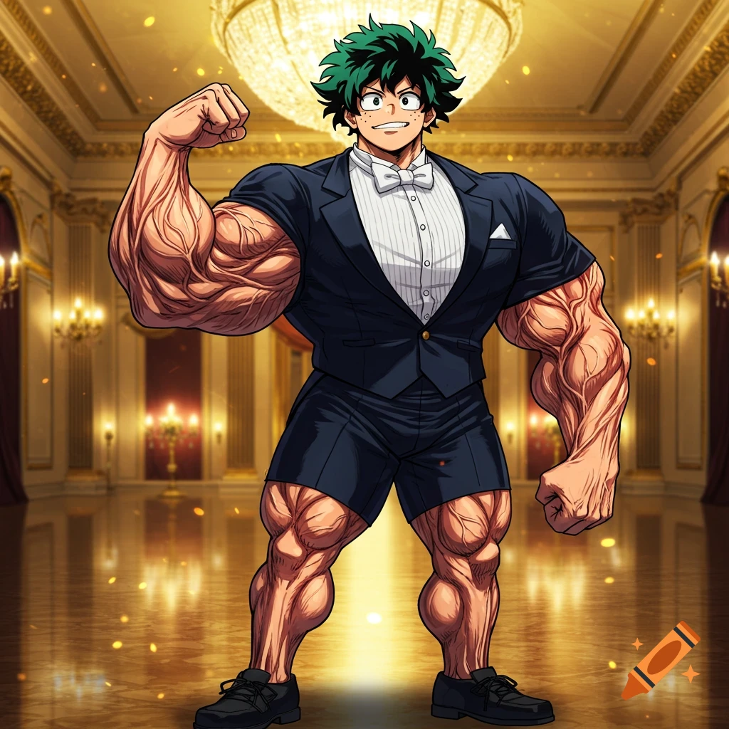 An extremely muscular Izuku Midoriya in a tuxedo and shorts flexes his arm in a grand, ornate hall with a chandelier.