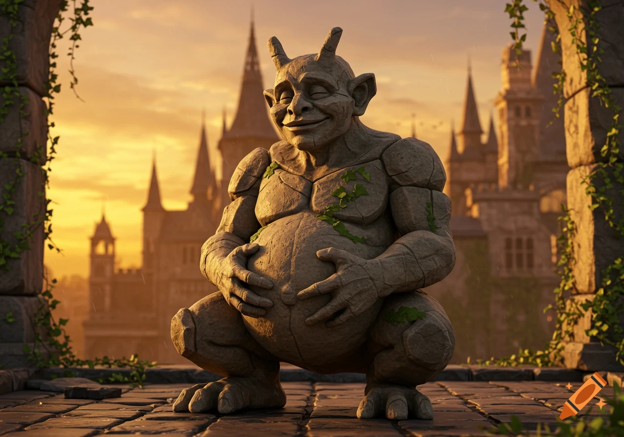 A content stone gargoyle statue crouches, holding its belly, with a castle and golden sunset in the background.