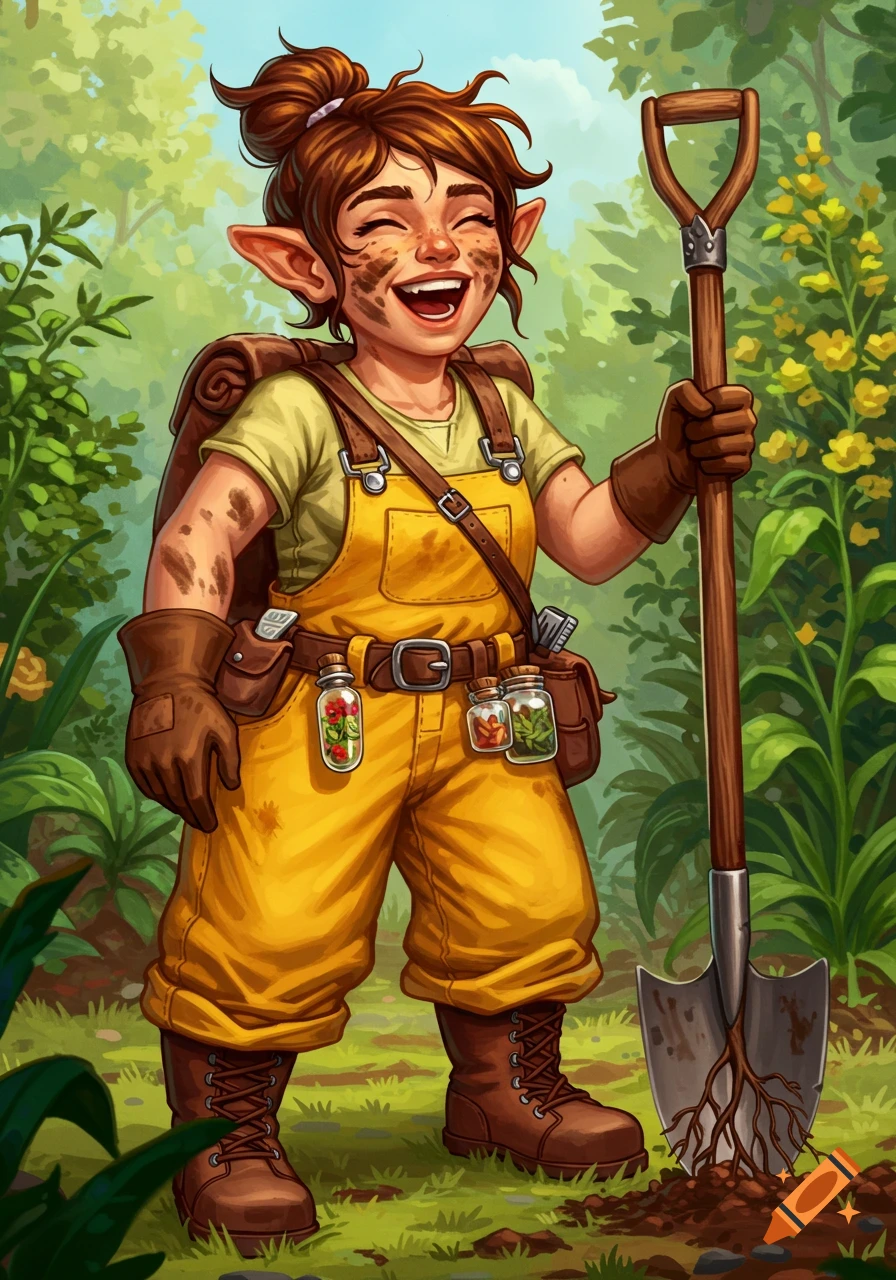 A cheerful, muddy halfling gardener in yellow overalls laughs while holding a shovel with a root design, standing in a vibrant garden.