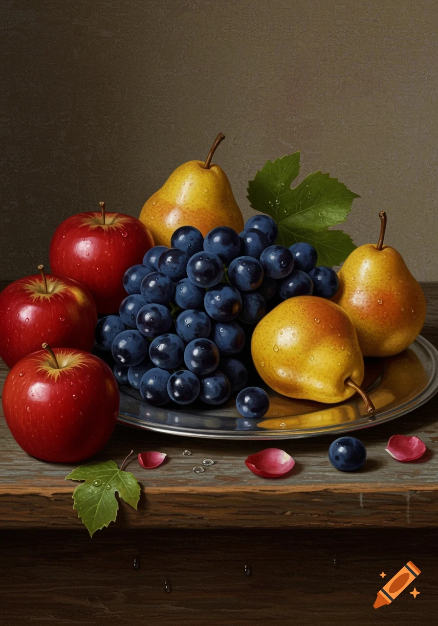 A vibrant still life painting of red apples, purple grapes, and yellow pears on a silver platter, adorned with water droplets.