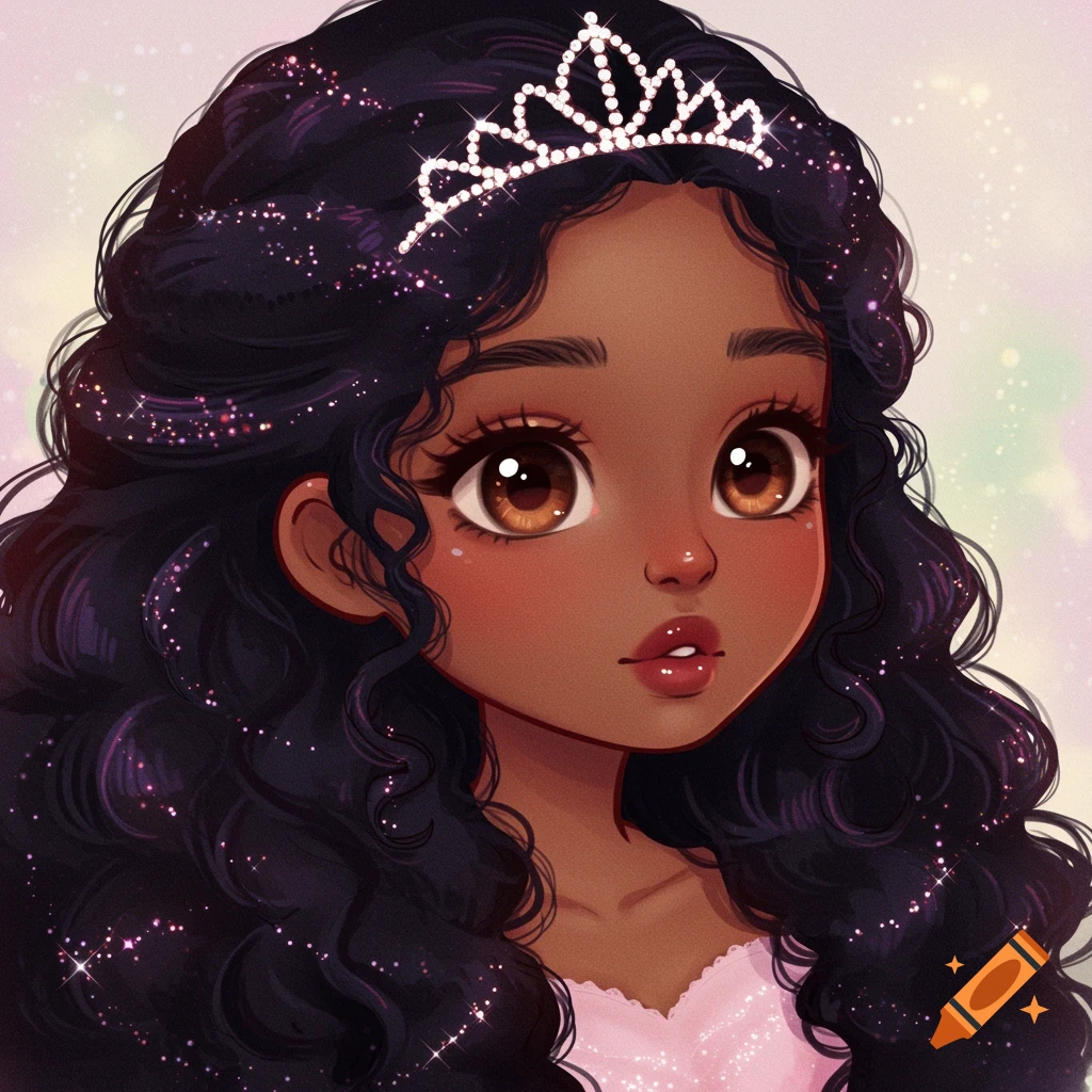 Cartoon portrait of a black woman with curly black hair and brown eyes wearing a sparkling tiara.