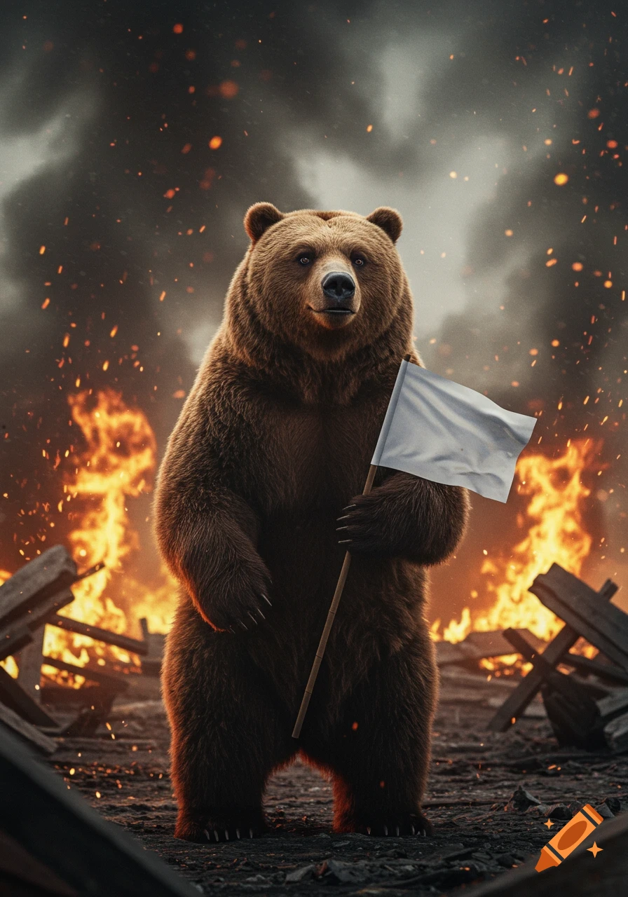 A brown bear with a worried expression stands in a fiery, smoke-filled battlefield, holding a white peace flag in this dramatic, photorealistic image.