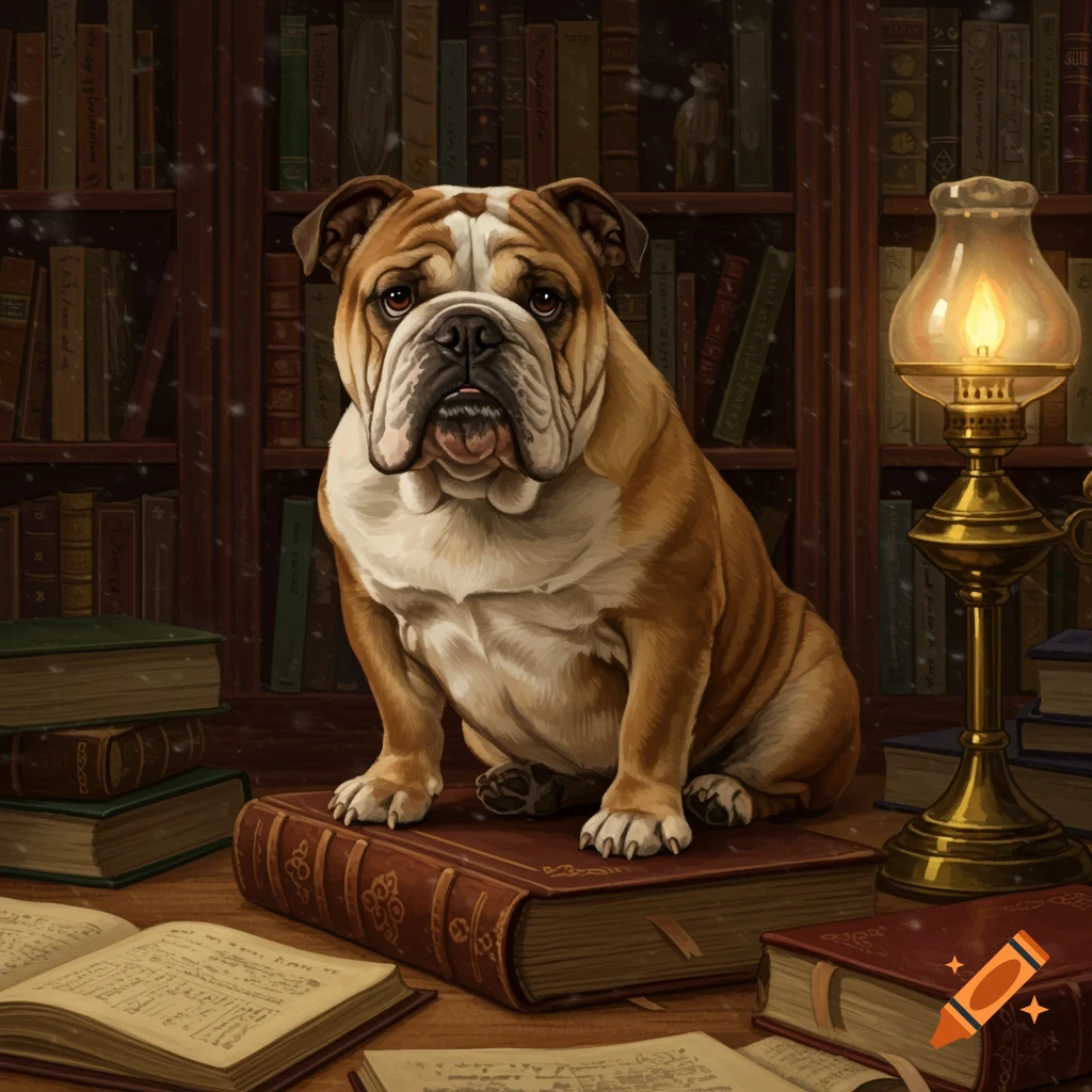 A cute brown and white bulldog sits on a stack of books in a dimly lit library, with an oil lamp nearby.
