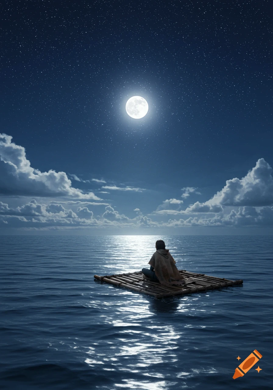 A person sits on a wooden raft in the middle of a vast ocean under a full moon and starry night sky.