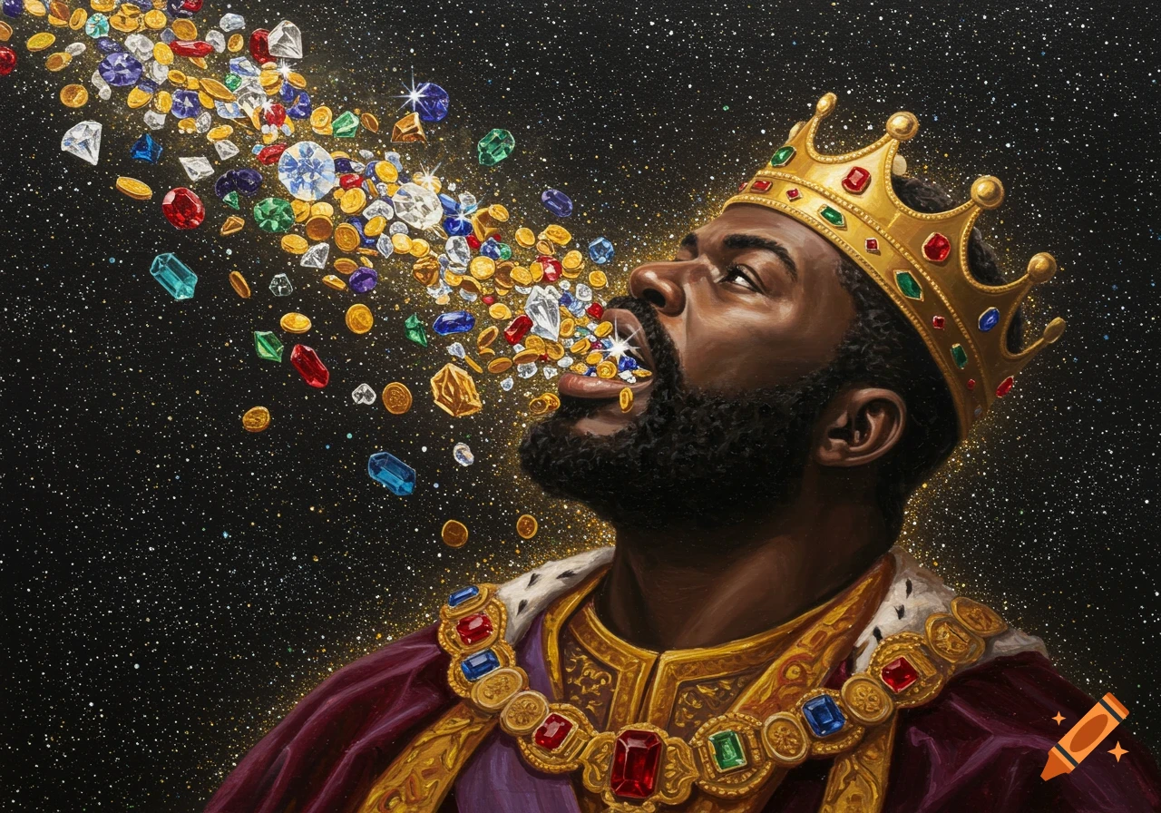 Oil painting of a black king wearing a golden crown and robe, with jewels and gold coins flowing from his mouth into a starry sky.