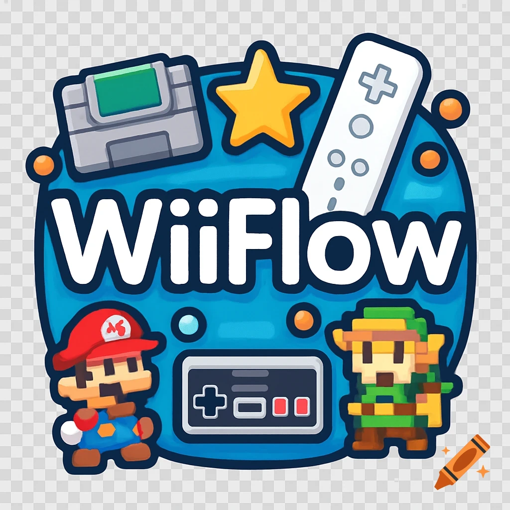 Blue icon for WiiFlow with text, pixel art Mario and Link, and gaming controllers.