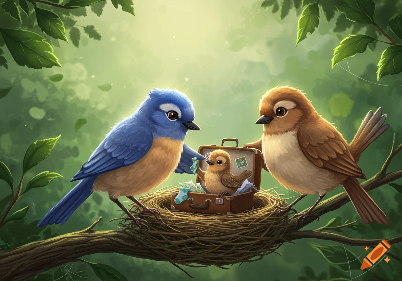 Cartoon illustration of two parent birds helping a baby bird pack a suitcase in a nest on a tree branch.