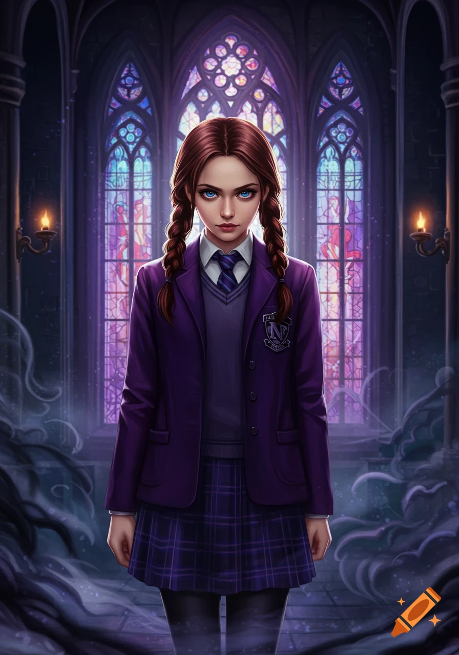 A serious brown-haired girl with blue eyes and braids in a purple school uniform stands in a gothic hall with stained glass windows.