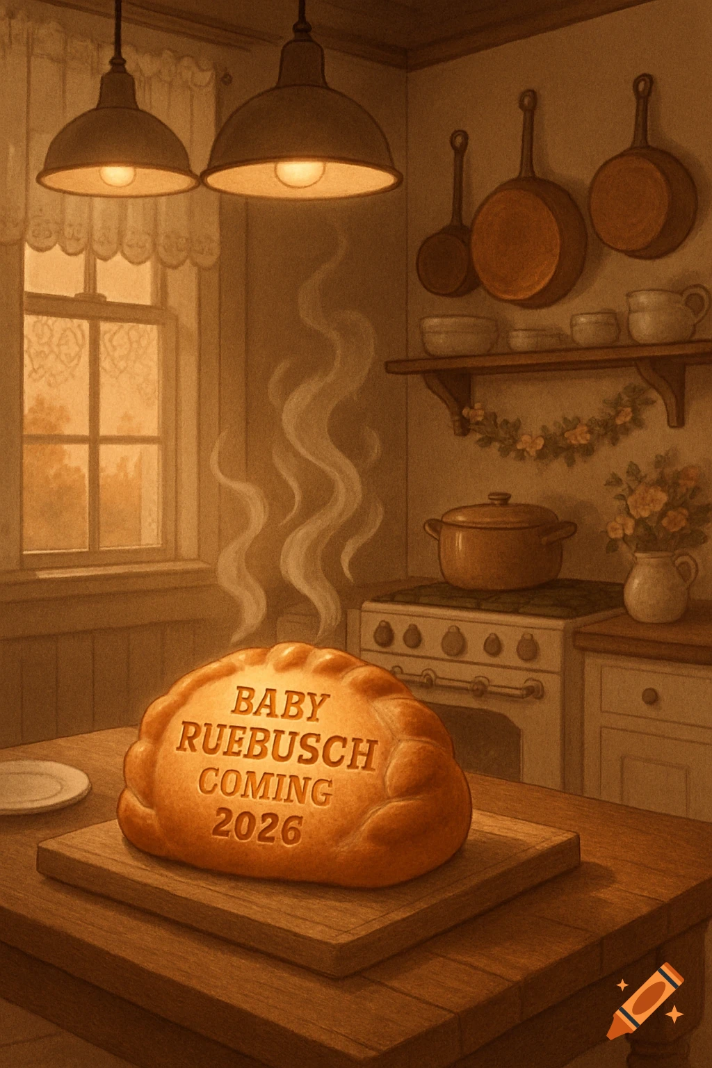 A stylized illustration of a warm kitchen with a "bun in the oven" on a cutting board, reading "BABY RUEBUSCH COMING 2026."