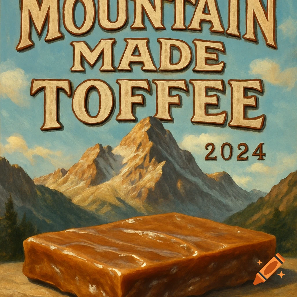 Vintage painting of a large toffee block in a mountain landscape under a blue sky, with "MOUNTAIN MADE TOFFEE 2024" text.