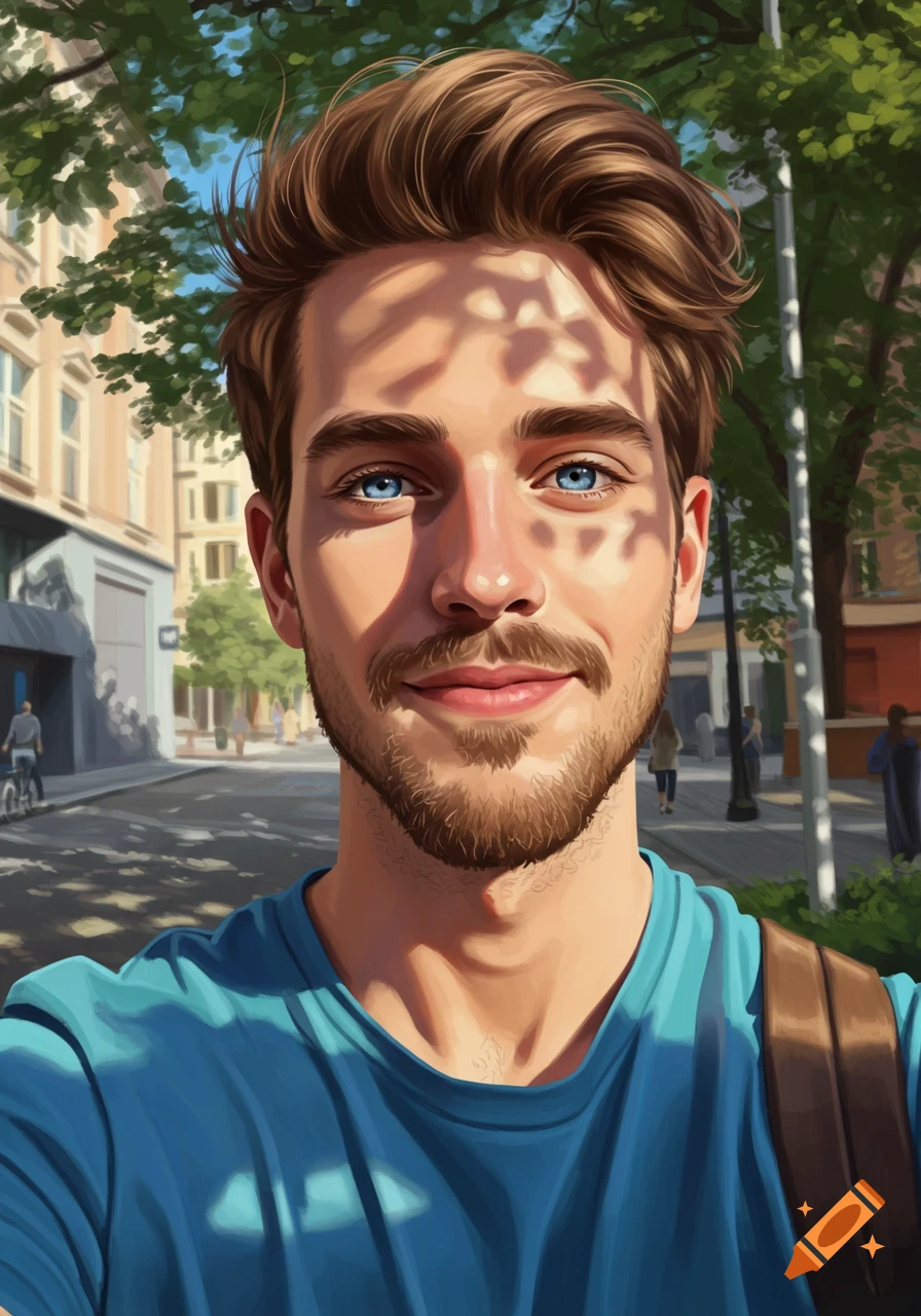 A man with brown hair and a beard smiles, taking a selfie outdoors with dappled sunlight on his face and a city street behind him.