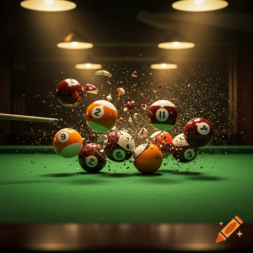 Photorealistic scene of billiards balls exploding outwards on a green pool table after being hit by a cue stick, with debris flying under dramatic lighting.