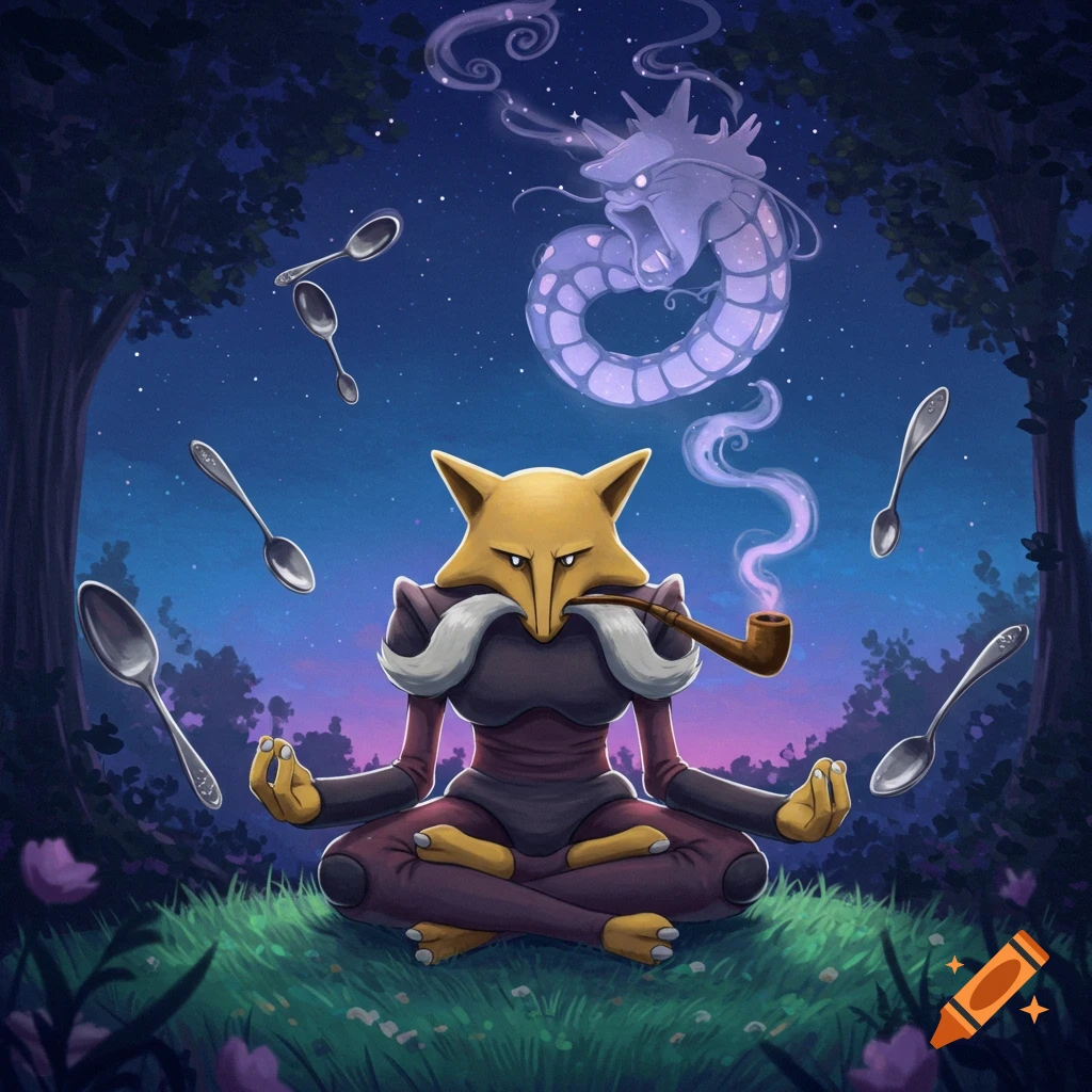 Alakazam meditates at night, cross-legged with a pipe, while smoke forms a spectral Gyarados in the sky surrounded by floating spoons.
