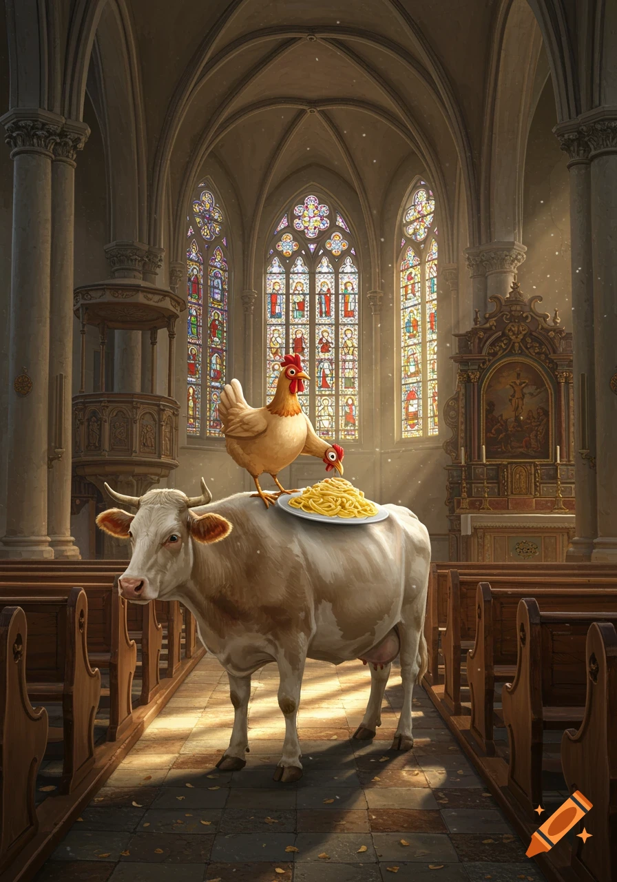 A chicken stands on a cow's back, eating pasta from a plate in a grand church with stained glass windows.