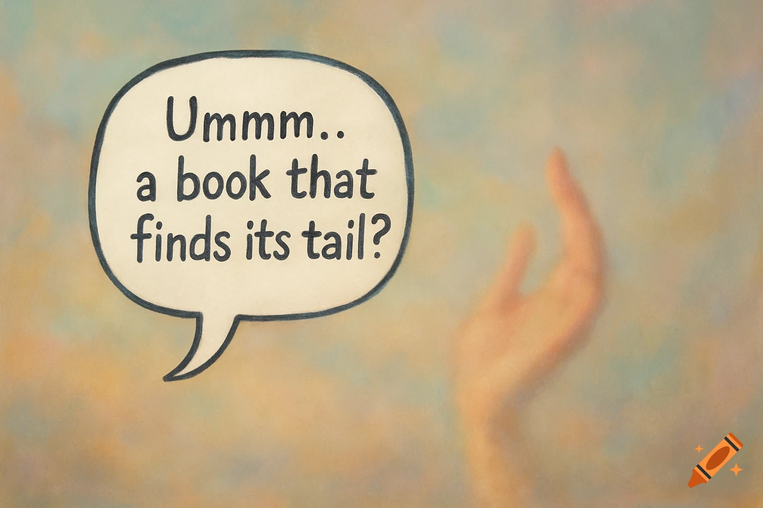 Speech bubble with "Ummm.. a book that finds its tail?" over a blurred background of a raised hand.
