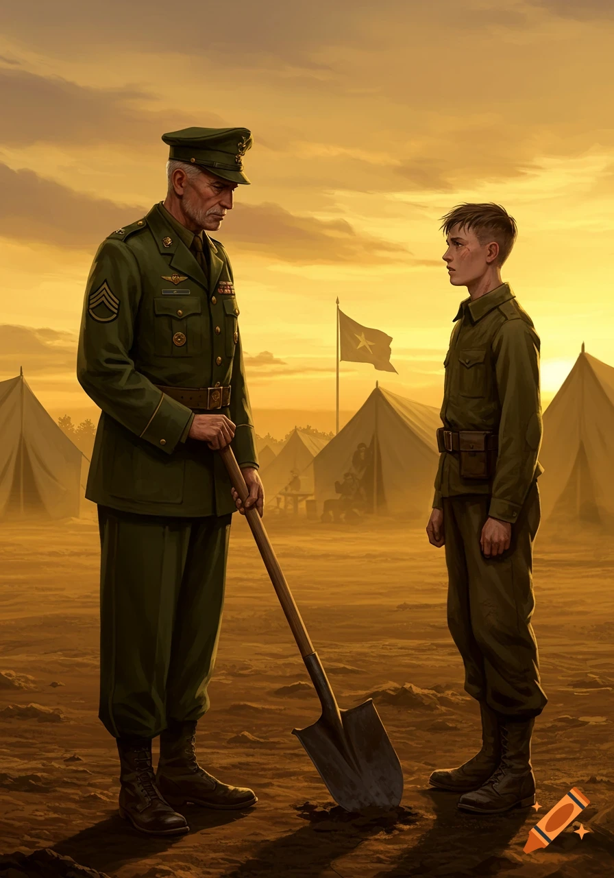 A sergeant hands a shovel to a young private in a military camp at sunset, with tents and a flag in the background.