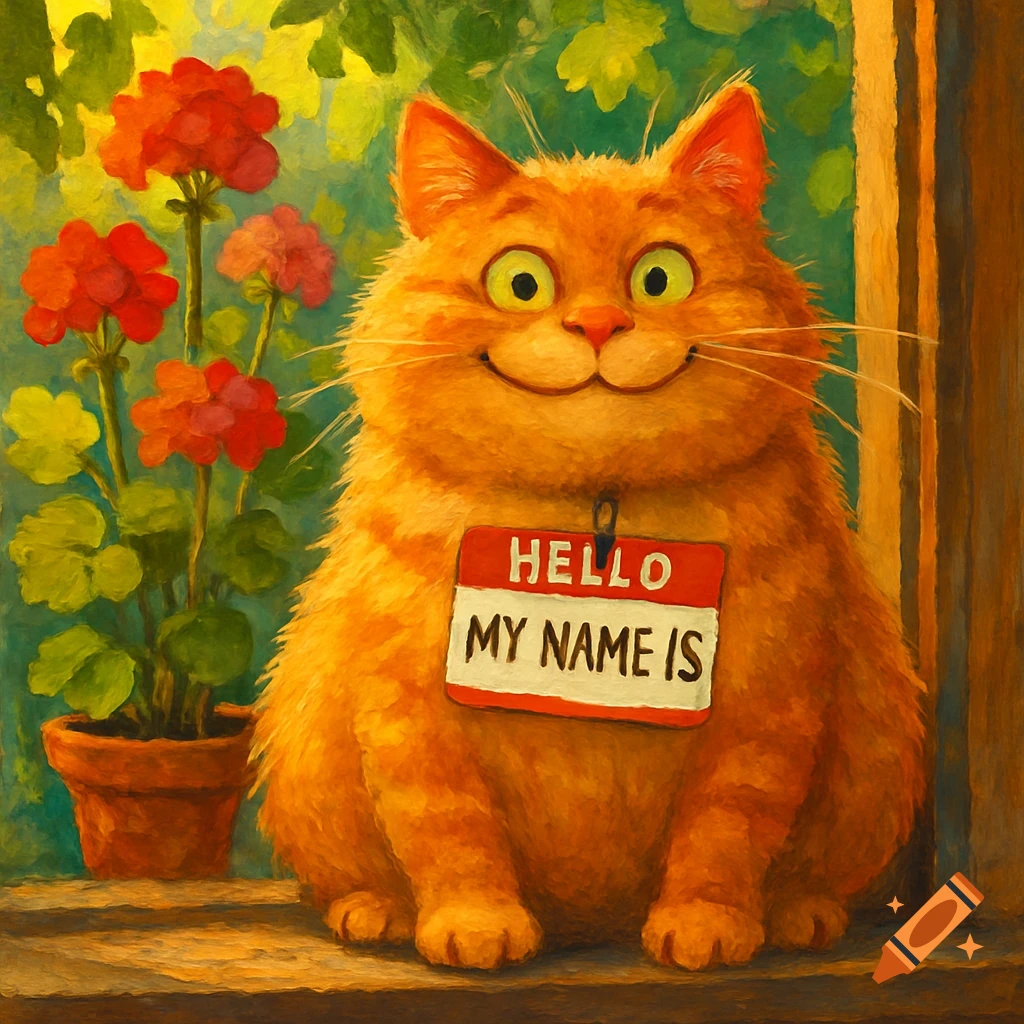 A plump orange cat with a 'HELLO MY NAME IS' name tag sits in front of red flowers in a painterly style.
