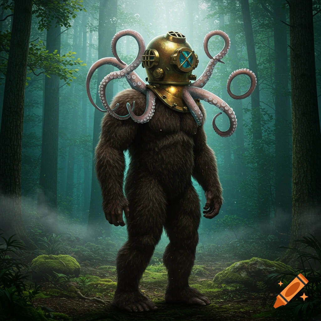 A furry Bigfoot-like creature with a brass diving helmet and pink octopus tentacles standing in a misty forest.