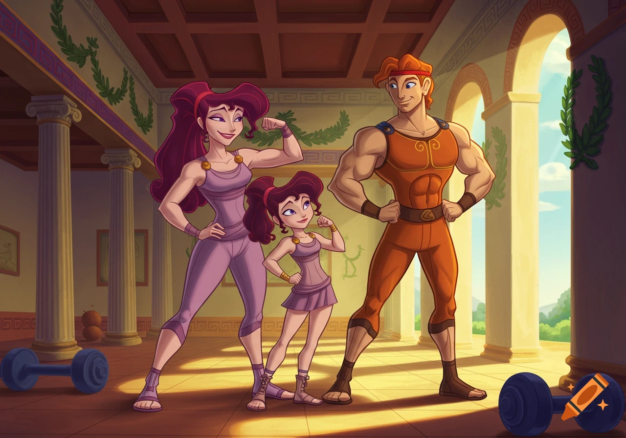 Hercules, Megara, and a young girl flex muscles in a cartoon Greek-style gym.