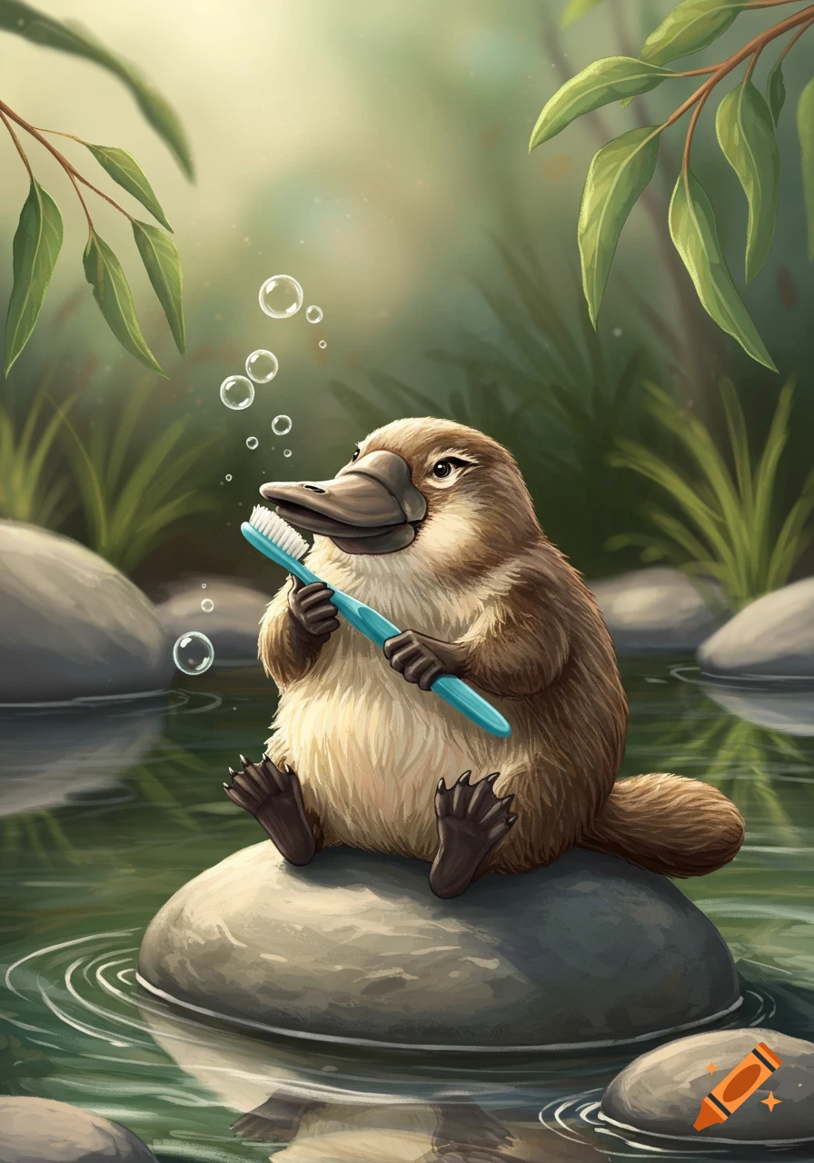 A cute cartoon platypus sits on a rock in a stream, holding a blue toothbrush.