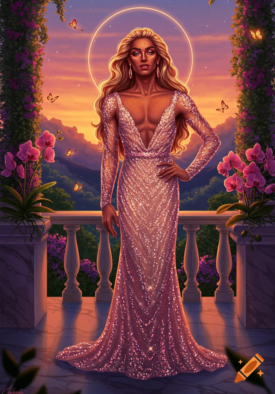 A person with long blonde hair in a sparkly pink gown stands on a balcony at sunset with mountains, flowers, and butterflies.
