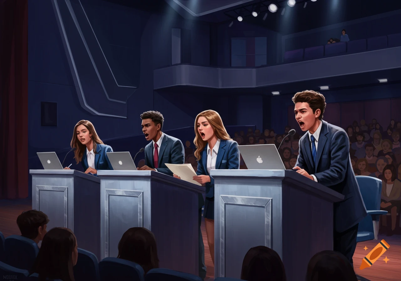 Four young adults passionately debate at podiums with laptops in a large auditorium with an audience. Illustrated.
