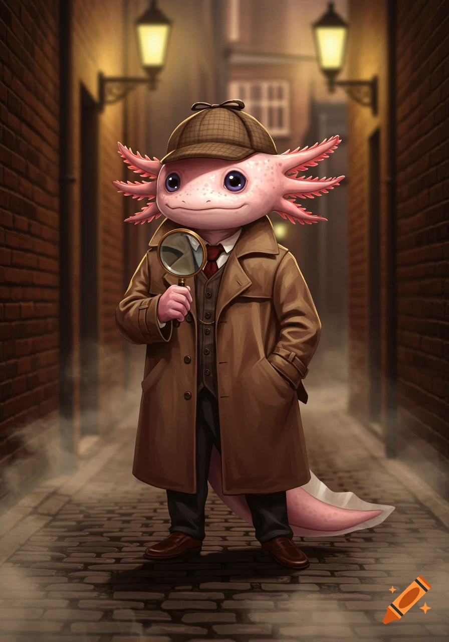 An anthropomorphic axolotl investigator in a brown trench coat and newsboy cap holds a magnifying glass in a dark alley.