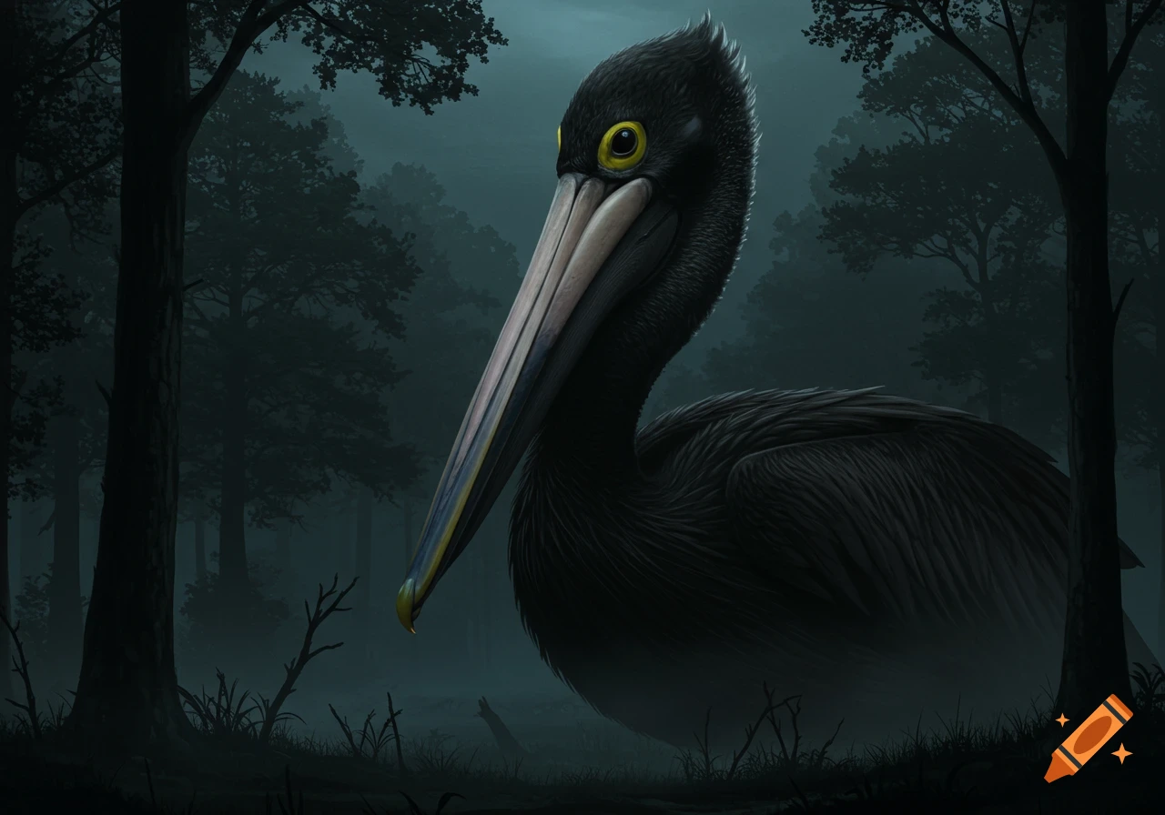 A giant black pelican with yellow eyes and a black-yellow beak stands in a dark, misty forest.