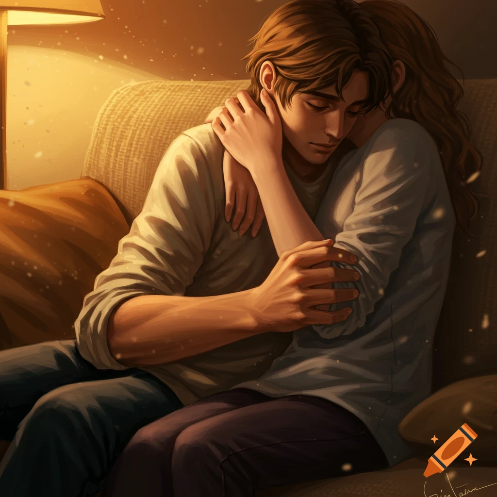 A cozy digital art illustration of a man and woman embracing on a couch under warm lamplight.