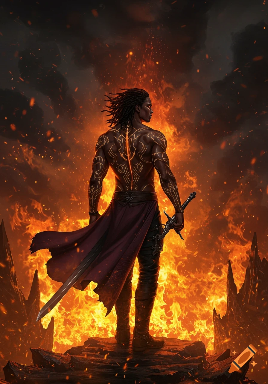 A powerful dark-skinned man with glowing tattoos and dreadlocks stands in a fiery abyss, holding a sword.