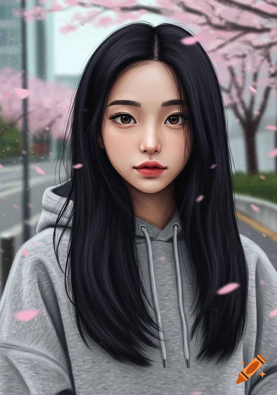 Digital art portrait of a young woman with long black hair and brown eyes, wearing a gray hoodie, with pink cherry blossoms in the background.