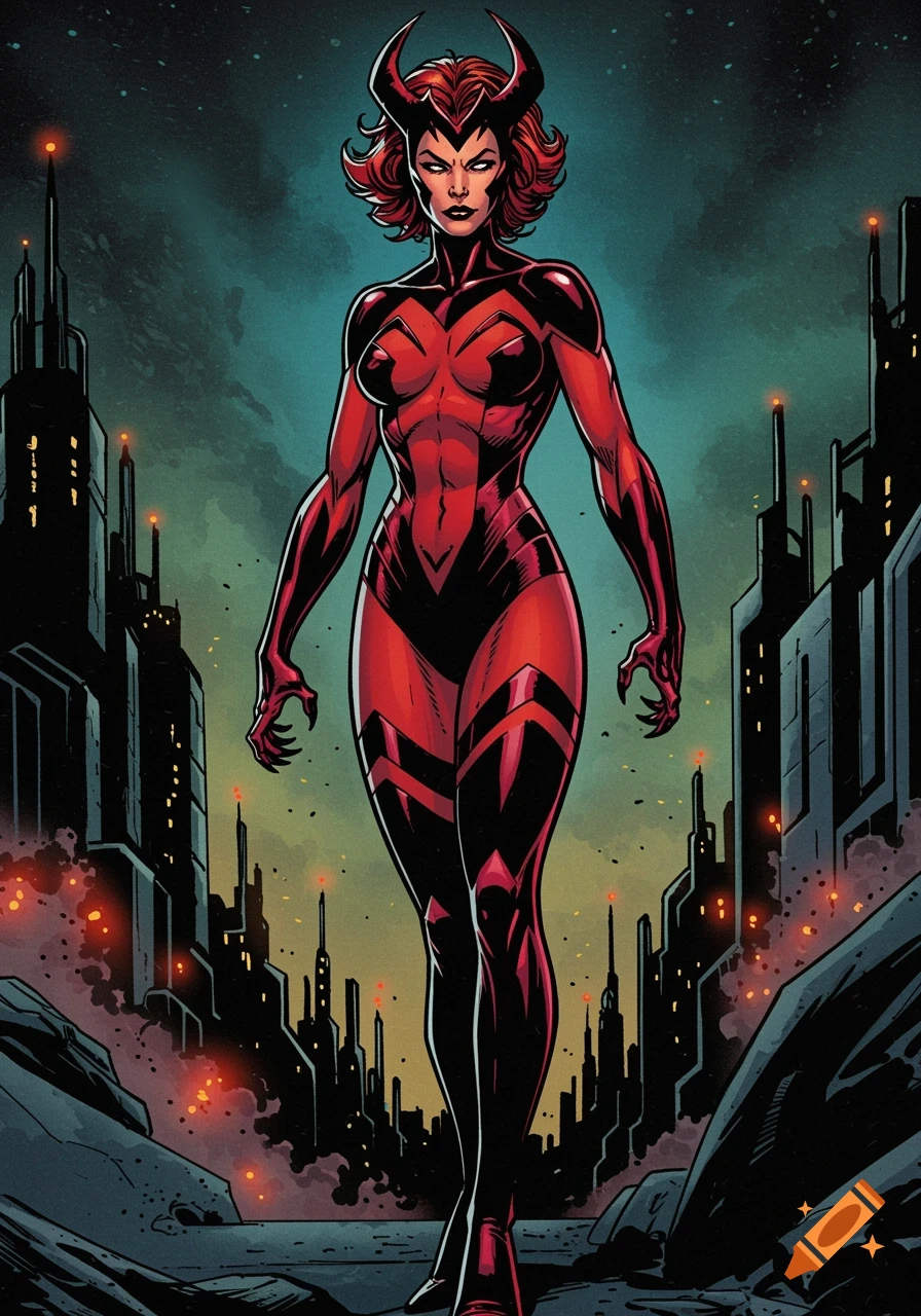 A red-haired Marvel villain with horns in a red and black suit stands in a futuristic city, in old comic art style.