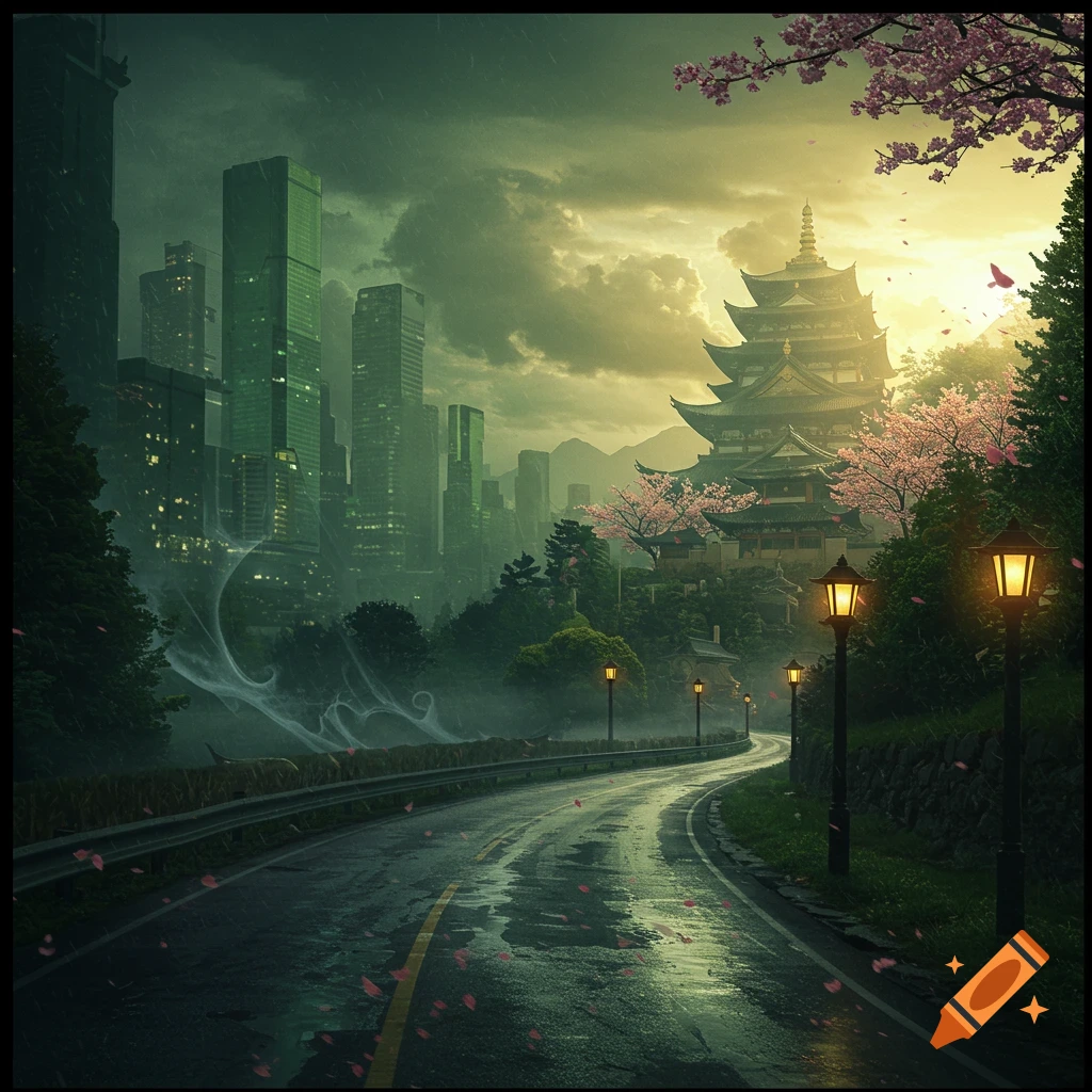 A winding wet road leads towards an illuminated Eastern temple and cherry blossoms, with a dark city skyline under a stormy sky in the background.