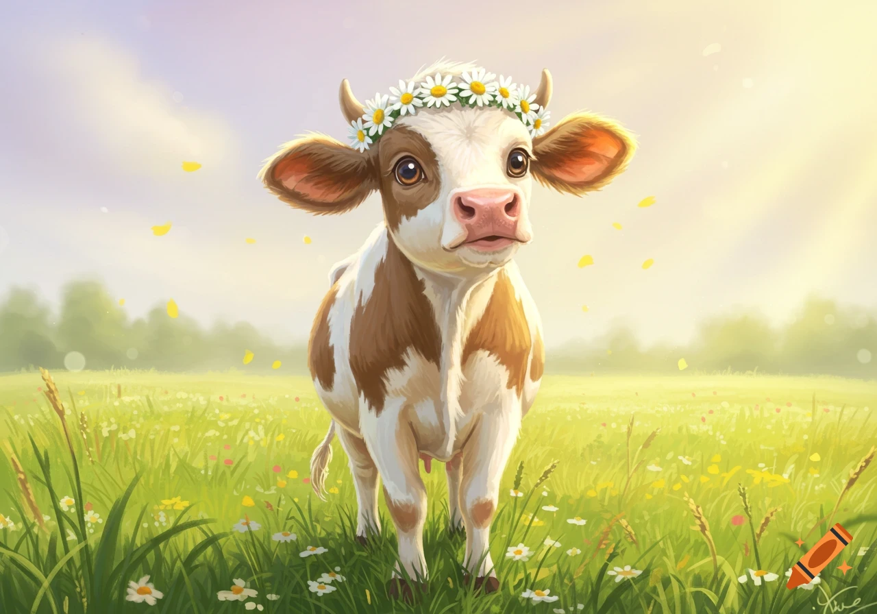 A cute brown and white calf wearing a daisy crown stands in a sunny, green field filled with flowers.