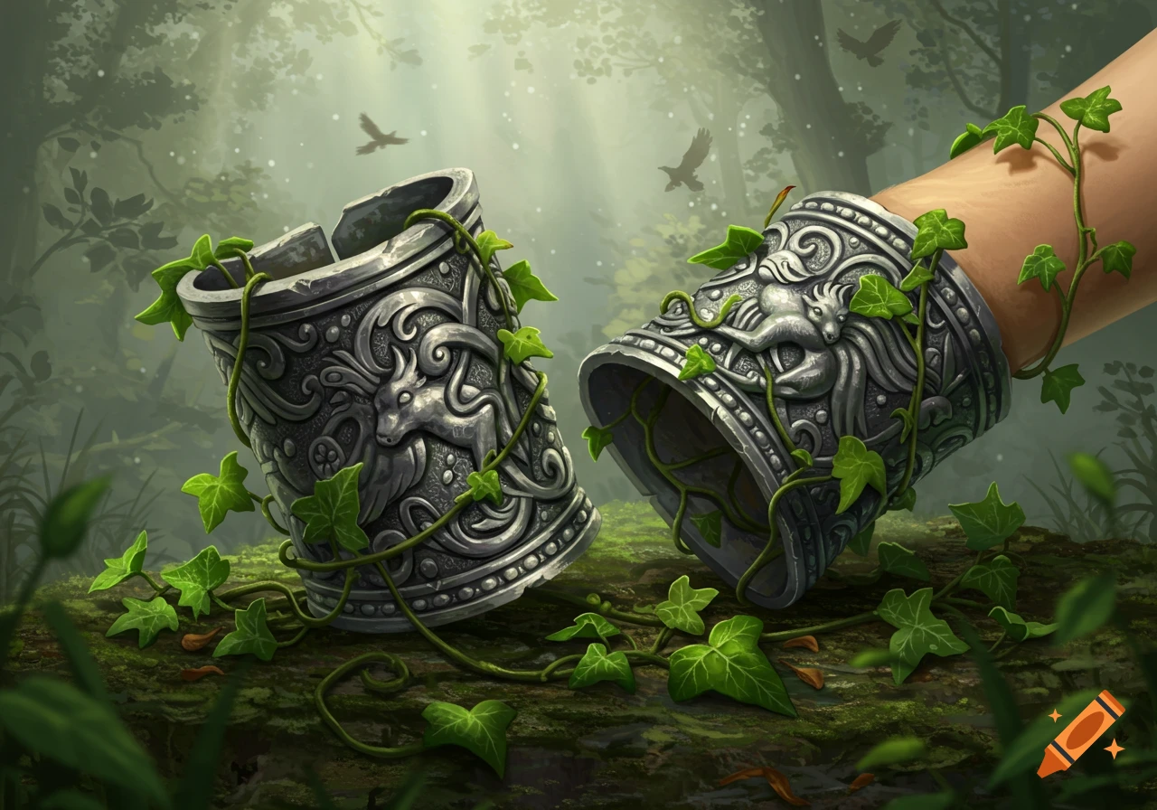 Ornate silver cuffs with animal carvings and ivy in a misty forest. One cuff is on an arm, the other on mossy ground.