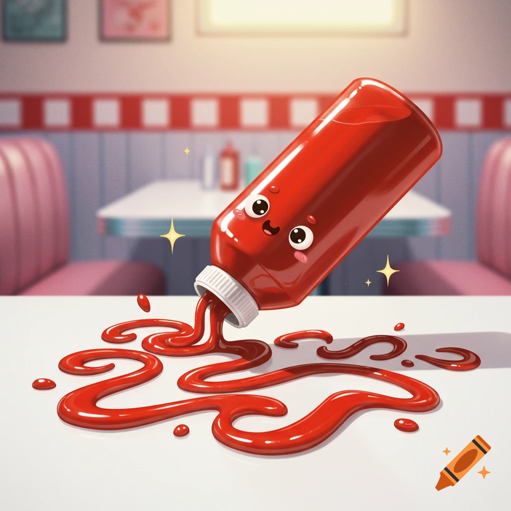 A cute, smiling ketchup bottle spilling red ketchup on a white diner table.