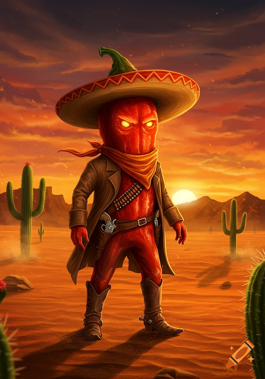 A red chili pepper character dressed as a cowboy, wearing a sombrero and trench coat, standing in a desert at sunset.